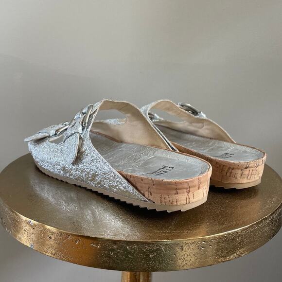 Stuart Weitzman Metallic Silver Leather Sandals | 6.5, Rare Birkinstock Style - Picture 7 of 9